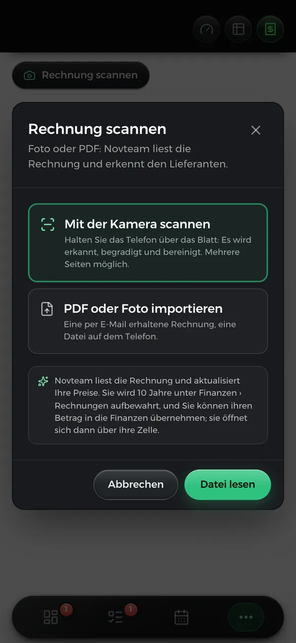 Der Bildschirm zum Scannen einer Rechnung auf dem Handy