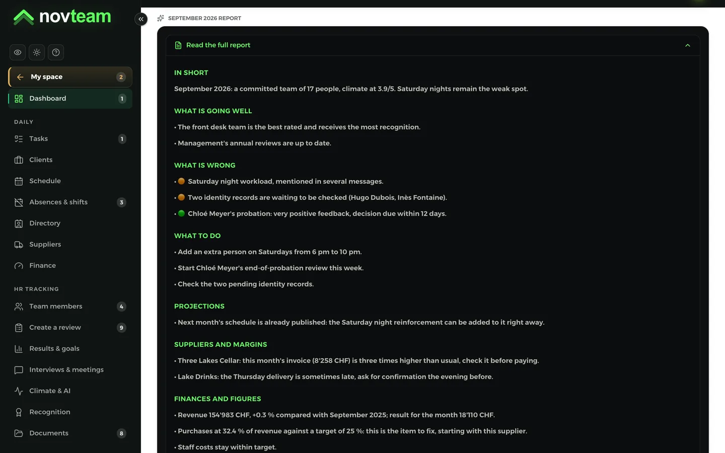The monthly report written by AI on a computer, and the team climate summary on a phone.