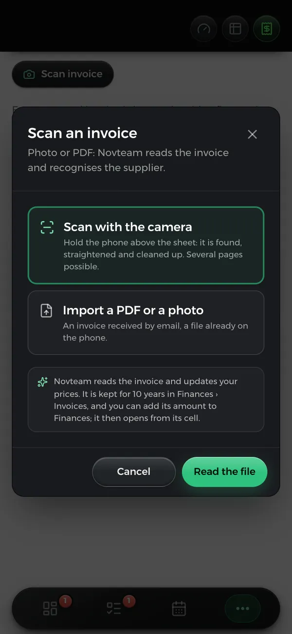 The invoice scanning screen on a phone
