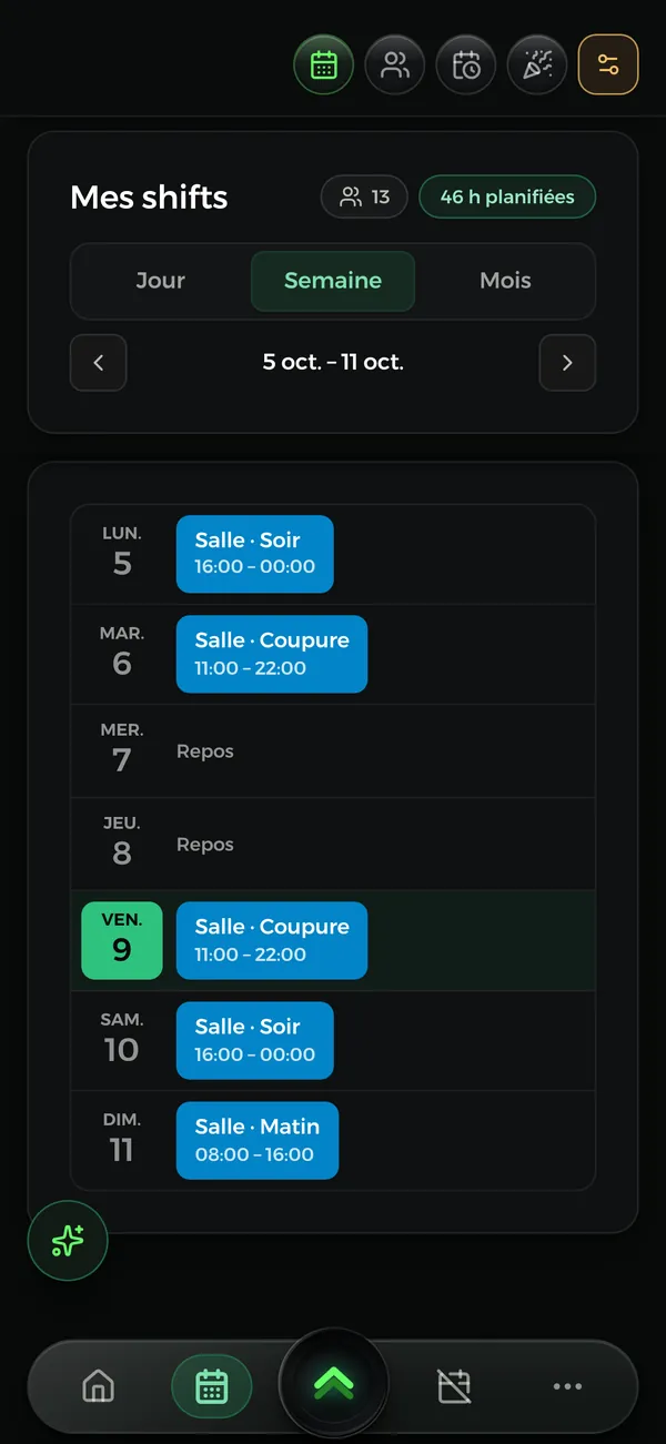 Le planning de la semaine dans l’app Novteam