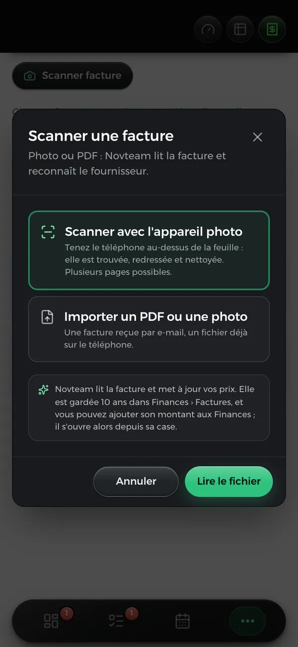 L’écran pour scanner une facture sur le téléphone