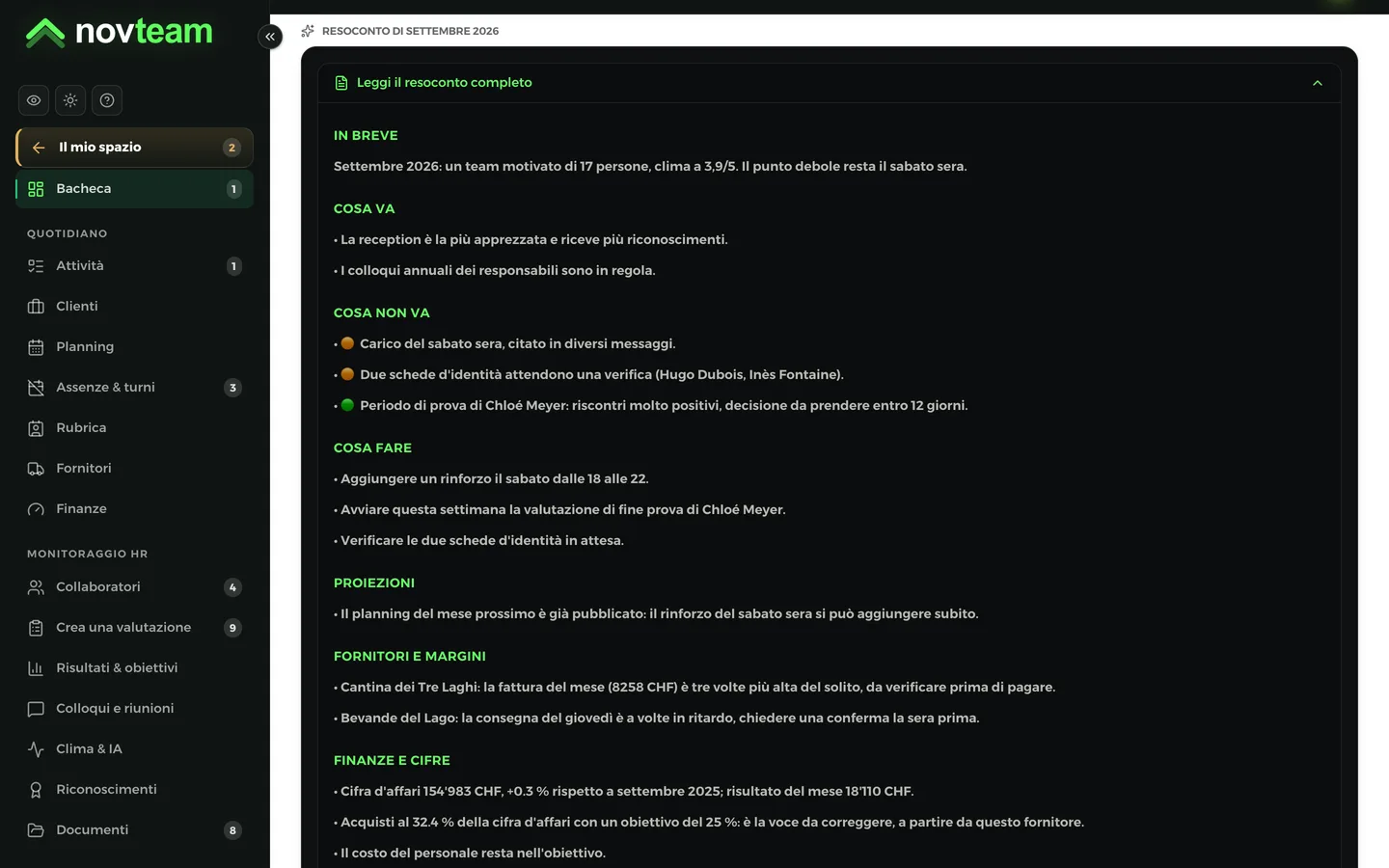 Il resoconto del mese scritto dall’IA sul computer, e la sintesi del clima del team sul telefono.