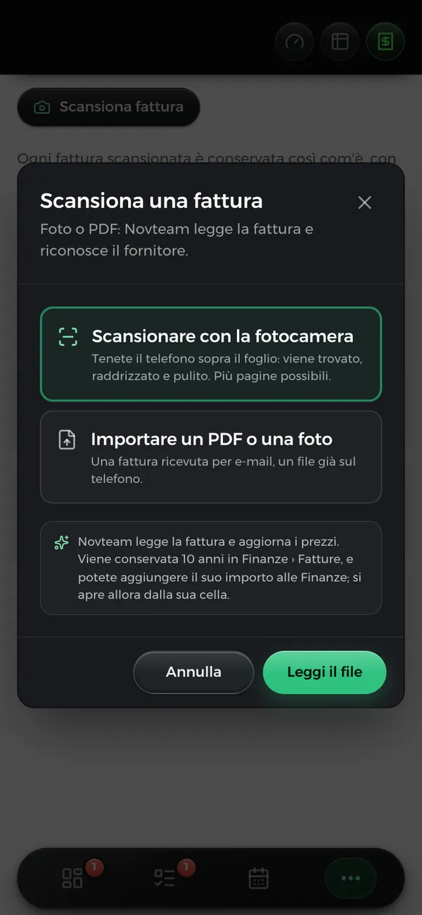 La schermata per scansionare una fattura sul telefono